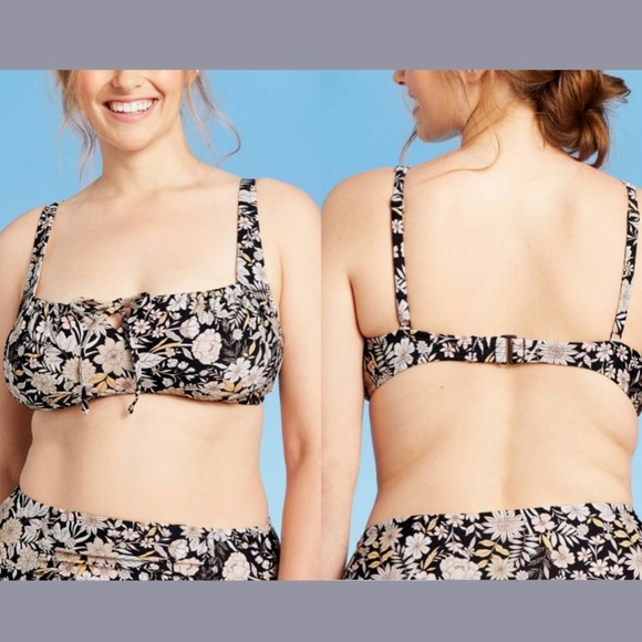 NWT Kona Sol‎ [ Large ] Cinch-Front Bikini Top in Black Floral - Picture 2 of 11